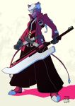  anthro belt blazblue boots clothing cosplay footwear fur gloves hair head_plate head_tails hi_res jacket kraskit melee_weapon purple_fur sskessa sword tabitha_terleir video_games weapon white_hair yellow_eyes 