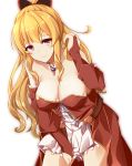  bare_shoulders blush breasts bridal_gauntlets cleavage closed_mouth commentary_request granblue_fantasy highres large_breasts long_hair long_sleeves looking_at_viewer mellow pink_eyes simple_background skirt smile solo vira_lilie white_background white_skirt 