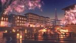  bench boat building canal cherry_blossoms commentary eiffel_tower hachio81 highres lamp lamppost lights night no_humans original paris pier railing road scenery stairs star_(sky) stone_wall street table tree wall watercraft window 