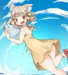  :d adapted_costume animal_ears ass ball bare_arms bare_shoulders beachball blue_sky blush byakko_(xenoblade) cat_ears cloud day dress facial_mark fangs gurumin_(gurruguru) hair_ribbon highres holding leg_up looking_at_viewer niyah open_mouth ribbon short_hair silver_hair sky smile solo water xenoblade_(series) xenoblade_2 yellow_dress yellow_eyes yellow_ribbon 