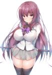  blush breasts commentary_request fate/grand_order fate_(series) gae_bolg grey_skirt highres large_breasts long_hair long_sleeves looking_at_viewer pleated_skirt polearm purple_hair red_eyes scathach_(fate)_(all) scathach_(fate/grand_order) school_uniform skirt smile spear thighhighs twiska_(doubitian) weapon 