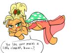  applejack_(mlp) blush clothed clothed_feral clothing dress english_text equine female feral friendship_is_magic horse mammal my_little_pony pony pose simple_background sketch solo speech_bubble spottyfreak suggestive text updo white_background wide_hips 