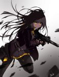  absurdres alswp5806 bangs black_gloves blurry blurry_foreground brown_hair brown_jacket closed_mouth depth_of_field eyebrows_visible_through_hair finger_on_trigger fingerless_gloves fingernails girls_frontline gloves glowing glowing_eyes gradient gradient_background grey_background grey_legwear grey_skirt gun h&amp;k_ump45 hair_between_eyes hair_ornament highres holding holding_gun holding_weapon jacket long_hair looking_at_viewer one_side_up open_clothes open_jacket pantyhose pleated_skirt shirt signature skirt solo standing standing_on_one_leg ump45_(girls_frontline) very_long_hair weapon white_background white_shirt yellow_eyes 