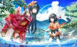  black_hair blue_sky blurry blurry_background brown_eyes cloud day detached_sleeves eyebrows_visible_through_hair fish fishing flower forest gourmet_kizuna hair_flower hair_ornament hairband highres japanese_clothes leaf lifted_by_self long_hair looking_at_viewer mountainous_horizon multiple_girls nature net official_art popuru short_hair shorts skirt skirt_hold sky standing summer tasty_saga tree water wet wet_hair wind 