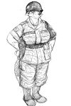  2018 angry anthro armor army big_breasts breasts canine clothed clothing english_text female fox helmet hi_res hladilnik mammal military monochrome peggy_patterson simple_background soldier solo text uniform 