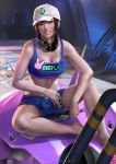  baseball_cap blurry blurry_background brown_eyes brown_hair d.va_(overwatch) dirty dirty_face hat headphones headphones_around_neck holding indoors looking_at_viewer meka_(overwatch) night overwatch shooting_star_d.va shorts sitting smile solo sports_bra spread_legs teeth watermark wrench zumi_(zumidraws) 