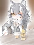  alcohol animal_ears blue_eyes coat commentary_request eyebrows_visible_through_hair fang glass grey_hair grey_wolf_(kemono_friends) head_on_hand heterochromia kemono_friends long_hair long_sleeves multicolored_hair necktie nenkou-san plaid_neckwear sitting solo white_hair wolf_ears yellow_eyes 