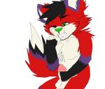  2018 anthro balls black_fur black_hair canine cum fox fur green_eyes hair hi_res majira_strawberry male mammal masturbation multicolored_fur paaaaannnduh penis purple_fur red_fur simple_background solo teeth white_background white_fur 