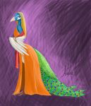  avian bird clothed clothing crossdressing dress hi_res looking_at_viewer male mistressadaira peafowl 