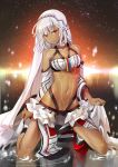  altera_(fate) bangs bare_shoulders black_nails breasts choker closed_mouth collarbone commentary_request dark_skin detached_sleeves eyebrows_visible_through_hair fate/grand_order fate_(series) fingernails frilled_skirt frills full_body_tattoo highres ice_(ice_aptx) kneeling long_fingernails long_hair looking_at_viewer nail_polish navel red_eyes skirt small_breasts solo strapless tattoo tubetop white_hair white_skirt 