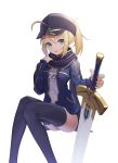  absurdres adjusting_clothes ahoge artoria_pendragon_(all) ass bangs blonde_hair blue_eyes blue_legwear breasts clothes_writing excalibur fate/grand_order fate_(series) fingernails hat highres holding holding_sword holding_weapon invisible_chair jacket knees_together_feet_apart long_sleeves looking_at_viewer mokew mysterious_heroine_x open_clothes open_jacket open_mouth peaked_cap shirt short_hair simple_background sitting small_breasts solo sword teeth thighhighs thighs weapon white_background white_shirt 