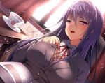  ayagi_daifuku bangs blazer blush book breasts brown_sweater buttons collared_shirt cup curtains day doki_doki_literature_club dress_shirt dutch_angle eyebrows_visible_through_hair grey_jacket hair_between_eyes hair_ornament hairclip half-closed_eyes hand_on_own_chest hand_up head_tilt impossible_jacket indoors jacket large_breasts light_particles long_hair long_sleeves looking_at_viewer neck_ribbon open_book open_mouth purple_hair red_ribbon ribbon saucer school_uniform shiny shiny_hair shirt sidelocks sitting solo sunlight sweatdrop sweater table teacup upper_body window wing_collar wooden_table yuri_(doki_doki_literature_club) 