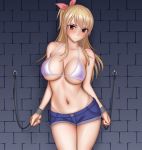  against_wall bangs blonde_hair blue_shorts blush bow bow_bra bra breasts brick_wall clenched_hands closed_mouth cowboy_shot cuffs denim denim_shorts eyebrows_visible_through_hair fairy_tail hair_ribbon highleg highleg_panties indoors large_breasts light_frown long_hair looking_at_viewer lucy_heartfilia navel no_shirt one_side_up panties pink_ribbon ponte restrained ribbon shackles short_shorts shorts solo standing string_bra string_panties sweatdrop thighs underwear white_bra white_panties 