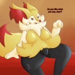  2018 abstract_background anthro big_breasts braixen breasts canine digital_drawing_(artwork) digital_media_(artwork) female fur looking_at_viewer mammal neksu nintendo nude open_mouth pok&eacute;mon pok&eacute;mon_(species) presenting pussy simple_background smile thick_thighs video_games 