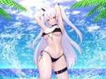  alternate_costume arm_behind_head armpits arms_up azur_lane bangs bikini bikini_tug black_bikini black_choker blurry blurry_background blush breasts brown_eyes choker cleavage closed_mouth collarbone commentary_request covered_nipples cowboy_shot cross cross_earrings curvy day earrings eyebrows_visible_through_hair eyes_visible_through_hair groin hair_between_eyes head_tilt jewelry large_breasts light_particles long_hair looking_at_viewer mole mole_on_breast multi-strapped_bikini multicolored_hair navel ocean outdoors palm_leaf prinz_eugen_(azur_lane) red_hair side-tie_bikini silver_hair siun skindentation solo sparkle splashing stomach streaked_hair swimsuit thighs two_side_up very_long_hair 