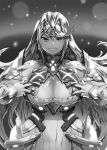  armor bangs bare_shoulders blush breasts cleavage cleavage_cutout commentary_request cowboy_shot gloves greyscale grin highres hikari_(xenoblade_2) jewelry kei_(bekei) large_breasts long_hair looking_at_viewer monochrome nipples smile solo swept_bangs tiara xenoblade_(series) xenoblade_2 