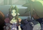  1boy 1girl aerith_gainsborough bow breasts brown_hair cleavage cloud_strife commentary_request cropped_jacket dress final_fantasy final_fantasy_vii green_eyes hair_ribbon long_hair nanpou_(nanpou0021) pink_bow pink_dress ribbon smile spiked_hair 