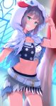  :d aoba_moka aqua_eyes arm_up bang_dream! bangs belt belt_buckle blue_bow blue_neckwear blurry blurry_background bow bowtie breasts buckle collarbone commentary_request cowboy_shot crop_top curtains depth_of_field eyebrows_visible_through_hair grin hood hood_up indoors kurai_masaru layered_skirt looking_at_viewer midriff miniskirt navel open_mouth polka_dot purple_hair see-through short_hair skirt small_breasts smile solo stomach striped teeth torn_clothes torn_skirt vertical_stripes window 