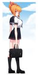  1girl bag black_footwear black_legwear black_skirt breasts bright_pupils closed_mouth cloud eyebrows_visible_through_hair from_side full_body hair_ribbon highres keychain kneehighs looking_at_viewer looking_back mary_janes medium_breasts narynn narynn_(character) orange_hair original ponytail red_eyes red_ribbon ribbon school_uniform shirt shoes short_hair short_ponytail sidelocks skirt sky solo white_pupils white_shirt 