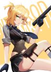  adson-(biao_di) bangs black_gloves blonde_hair braid breasts girls_frontline gloves green_eyes gun holding holster looking_to_the_side medium_breasts necktie open_mouth shirt short_hair simple_background sitting skirt solo twintails weapon welrod_mk2 welrod_mk2_(girls_frontline) 