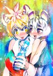  :3 :d animal_ears bangs bare_shoulders black_hair blonde_hair breasts closed_mouth eyebrows_visible_through_hair grey_hair hair_between_eyes hair_ornament hakkasame kemonomimi_mode large_breasts looking_at_another mouse_ears multicolored_hair multiple_girls nazrin open_mouth ramune red_eyes short_hair smile streaked_hair tiger_ears tongue tongue_out toramaru_shou touhou twitter_username two-tone_hair yellow_eyes 