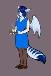  aggressive_retsuko beverage blue_eyes blue_hair clothing cup female hair karla_halldor mammal nimbat solo spearfrost steam tea wings 