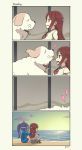  4koma animal beach comforting comic commentary diving_mask diving_mask_on_eyes diving_suit dog english heart highres love_live! love_live!_sunshine!! matsuura_kanan multiple_girls ocean pas_(paxiti) sakurauchi_riko school_uniform serafuku shiitake_(love_live!_sunshine!!) snorkel snorkel_in_mouth sunset uranohoshi_school_uniform 