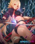  ass bikini black_bikini black_choker black_gloves black_jacket blonde_hair breasts cglas choker cropped_jacket deviantart_username fate/grand_order fate_(series) gloves holding holding_sword holding_weapon jacket jeanne_d'arc_(alter_swimsuit_berserker) jeanne_d'arc_(fate)_(all) katana large_breasts long_hair looking_back multiple_swords o-ring o-ring_bikini red_legwear shrug_(clothing) single_thighhigh swimsuit sword thigh_strap thighhighs very_long_hair weapon yellow_eyes 