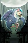  2018 ambiguous_gender beak blue_horn day detailed_background digital_media_(artwork) duo earthsong9405 feathered_wings feathers feral hair horn human mammal outside sky smile the_last_guardian trico wings 