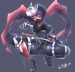  akina_t black_bodysuit bodysuit breasts cameltoe commentary_request covered_navel covered_nipples fat_mons full_body high_heels highres large_breasts looking_at_viewer mask ninja original pink_eyes puffy_nipples purple_hair scarf skin_tight solo spread_legs squatting 