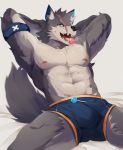  anthro barazoku bulge candy canine clothed clothing food fur kemono lollipop looking_at_viewer male mammal muscular nekojita nipples open_mouth pecs scar simple_background smile solo teeth tongue tongue_out underwear wolf 