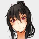  :o black_hair commentary_request copyright_request eyebrows_visible_through_hair grey_background hair_between_eyes hair_ribbon light_blush long_hair looking_at_viewer noccu parted_lips ponytail portrait red_eyes red_ribbon ribbon simple_background solo 