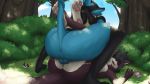  &lt;3 2018 anthro anus backsack balls blue_fur breasts butt canine conditional_dnp digital_media_(artwork) duo eyes_closed female fur galaxyoron hair hi_res implied_penetration interspecies leg_wrap looking_pleasured lucario lying male male/female mammal mating_press multicolored_fur nintendo on_back open_mouth orgasm orgasm_face outside pok&eacute;mon pok&eacute;mon_(species) pok&eacute;philia sex shaking smile sweat sweatdrop tongue tongue_out trembling video_games 