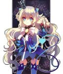  athria blue_eyes blue_legwear blue_sleeves crown demon_girl demon_horns demon_power_(elsword) demon_tail detached_sleeves elsword eyebrows_visible_through_hair holding holding_hair horns luciela_r._sourcream ribbon simple_background smile star star-shaped_pupils symbol-shaped_pupils tail white_hair 