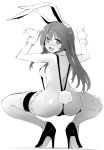  1girl animal_ears arms_up ass bangs blush breasts bunny_ears bunny_tail commentary_request eyebrows_visible_through_hair from_behind full_body greyscale hair_between_eyes heart heart-shaped_pupils high_heels kamukamu_(ars) leg_garter long_hair looking_back medium_breasts monochrome nose_blush reisen_udongein_inaba revealing_clothes shadow simple_background solo squatting symbol-shaped_pupils tail thighs touhou white_background wrist_cuffs 