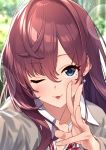  ;3 ;p absurdres baffu bangs blue_eyes blush bow bowtie brown_hair cardigan day earrings eyebrows_visible_through_hair hair_between_eyes highres ichinose_shiki idolmaster idolmaster_cinderella_girls jewelry lips long_hair looking_at_viewer one_eye_closed outdoors red_bow red_neckwear school_uniform shirt smile solo striped striped_bow tongue tongue_out upper_body wavy_hair white_shirt 