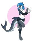  2018 absurd_res ambris anthro ball blue_eyes blue_hair clothed clothing digital_media_(artwork) ear_piercing erika_(ambris) female fish furgonomics furry-specific_piercing hair hi_res holding_object marine on_one_leg piercing shark shirt shorts solo standing tail_piercing tank_top volleyball_(ball) 