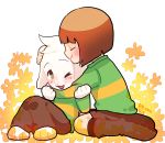  2016 ambiguous_gender anthro asriel_dreemurr blinking blush boss_monster caprine chara_(undertale) clothed clothing eyes_closed flower fully_clothed goat hi_res hug kemono long_ears male mammal petting plant rie_(artist) sitting smile sweater undertale video_games 
