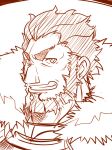  beard cape commentary_request facial_hair fate/zero fate_(series) fur_trim grin looking_at_viewer male_focus monochrome muscle rider_(fate/zero) sako_(bosscoffee) sketch smile solo spiked_hair upper_body 