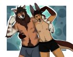  anthro beckett bulge canine clothing duo hair kangaroo macsboredworld male mammal marsupial middle_finger nipples open_mouth smile tongue underwear v_sign wallabee were werewolf 