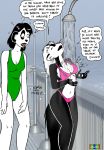  2016 anthro bear bikini black_fur black_hair breasts clothed clothing dialogue drooling duo_focus ear_piercing english_text eyes_closed female fur group hair jillian_(tegerio) kelly_o&#039;dor mammal marmelmm mephitid open_mouth panda piercing pink_nose saliva showering skunk swimsuit tegerio text whiskers white_fur white_hair zandar&#039;s_saga 