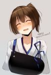  :d blue_ribbon brown_hair closed_eyes commentary_request eyebrows_visible_through_hair facing_viewer grey_background head_tilt highres kaga_(kantai_collection) kantai_collection muneate noccu one_side_up open_mouth ribbon short_hair simple_background smile solo translation_request upper_body 