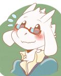  2015 anthro asriel_dreemurr black_eyes blush caprine clothed clothing eyewear floppy_ears flying_sweatdrops fur glasses goat green_background head_tuft headshot_portrait horn male mammal portrait saku1saya shirt simple_background smile solo sweat sweatdrop sweater two_tone_background undertale video_games white_background white_fur 