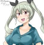  :d anchovy bangs black_ribbon boxreeema breasts character_name commentary dated drill_hair eyebrows_visible_through_hair girls_und_panzer green_shirt highres long_hair looking_at_viewer medium_breasts open_mouth red_eyes ribbon riding_crop shirt short_sleeves simple_background smile solo twin_drills twintails twitter_username upper_body white_background 