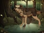 2013 ambiguous_gender arthropod blue_eyes brown_fur brown_nose canine day detailed_background digital_media_(artwork) dog feral forest fur group insect mammal maplespyder no_sclera outside paws standing tan_fur tree water 