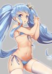  :o absurdres bikini blue_bikini blue_eyes blue_hair breasts crescent crescent_earrings crown cru cure_princess earrings eyebrows grey_background happinesscharge_precure! highres jewelry long_hair looking_at_viewer micro_bikini navel open_mouth precure shirayuki_hime side-tie_bikini simple_background small_breasts solo swimsuit thighhighs twintails white_legwear 