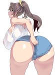  1girl areolae ass blue_eyes breasts curvy denim denim_shorts from_above from_behind hair_ornament hips huge_ass huge_breasts long_hair looking_at_viewer looking_back masao nipples no_bra ponytail shiny shiny_skin shirt short_shorts shorts sideboob thick_thighs thighs wide_hips 