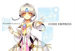  athria bare_shoulders code:_empress_(elsword) crown elsword eve_(elsword) facial_mark forehead_jewel holographic_touchscreen open_mouth short_hair silver_hair white_background white_sleeves yellow_eyes 