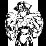  a4typhoon breasts chinese_clothes claws cleavage cleavage_cutout commentary english_commentary graphite_(medium) greyscale highres huge_weapon jiangshi large_breasts lei_lei long_sleeves monochrome ofuda pants sash short_hair sketch solo standing traditional_media vampire_(game) very_long_sleeves weapon 