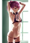  armpits bikini breasts cameltoe fate/grand_order fate_(series) gloves helena_blavatsky_(fate/grand_order) helena_blavatsky_(swimsuit_archer)_(fate) indoors looking_at_viewer mouth_hold navel purple_eyes purple_hair ribbon shadow small_breasts solo standing swimsuit thighhighs throat_microphone window zukky 